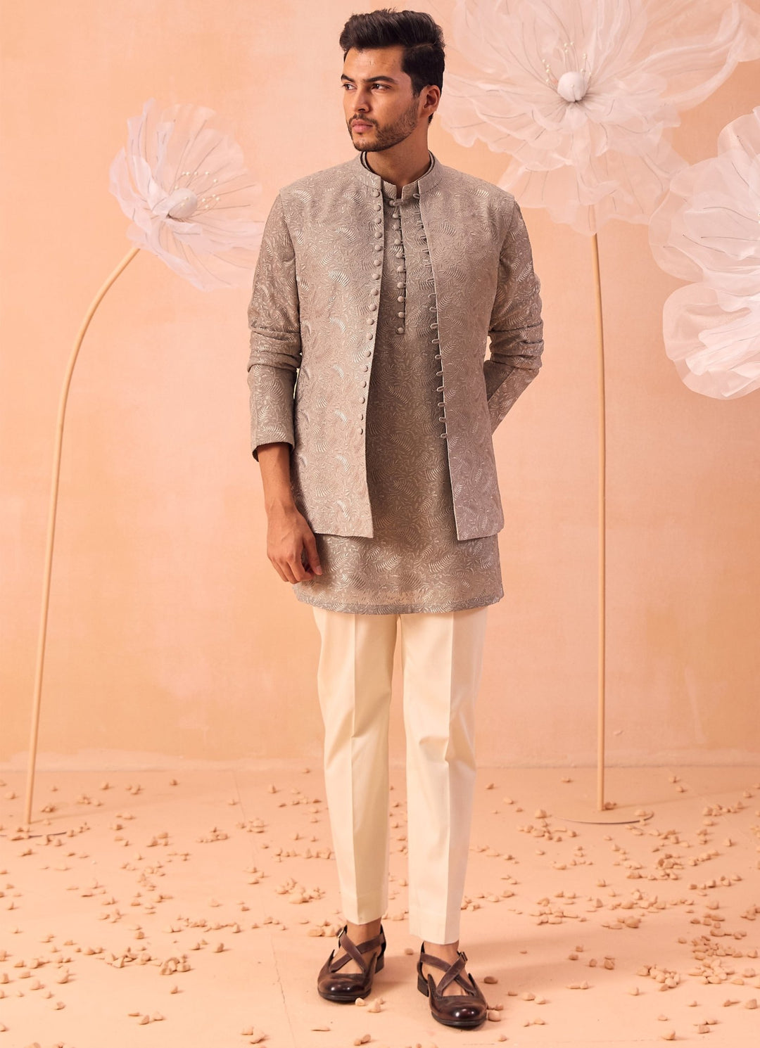 Grey Nehru Open Jacket Kurta Set Contrast by Parth - Fabilicious Fashion
