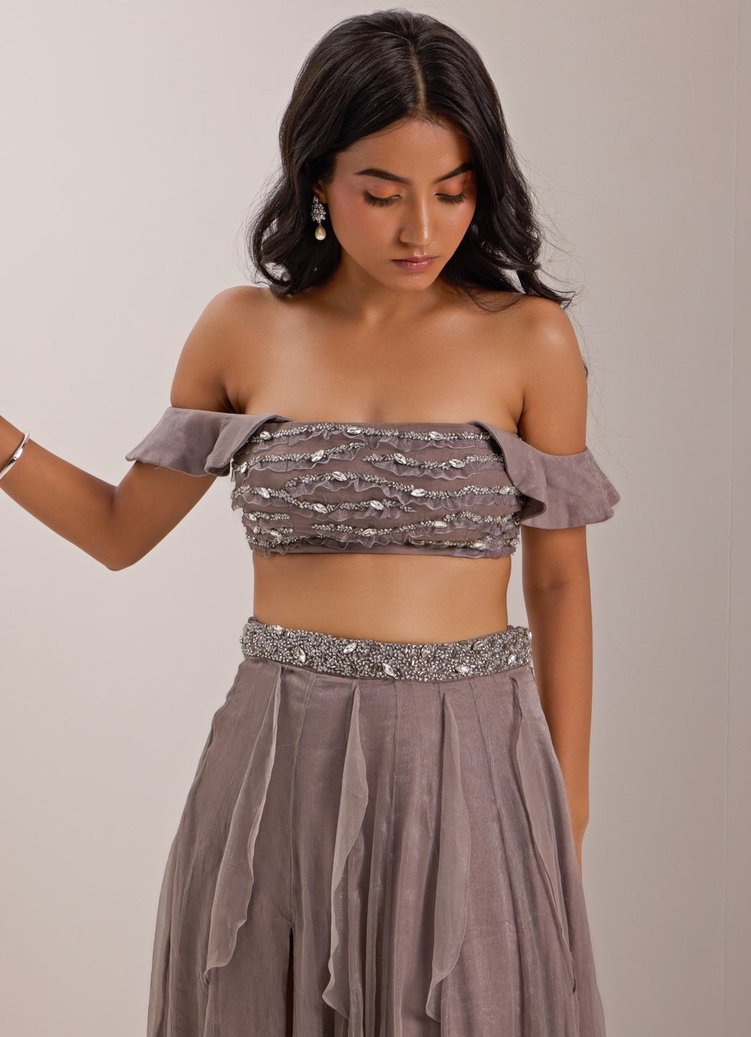 Grey Off - Shoulder Embellished Skirt Set Silky Bindra - Fabilicious Fashion