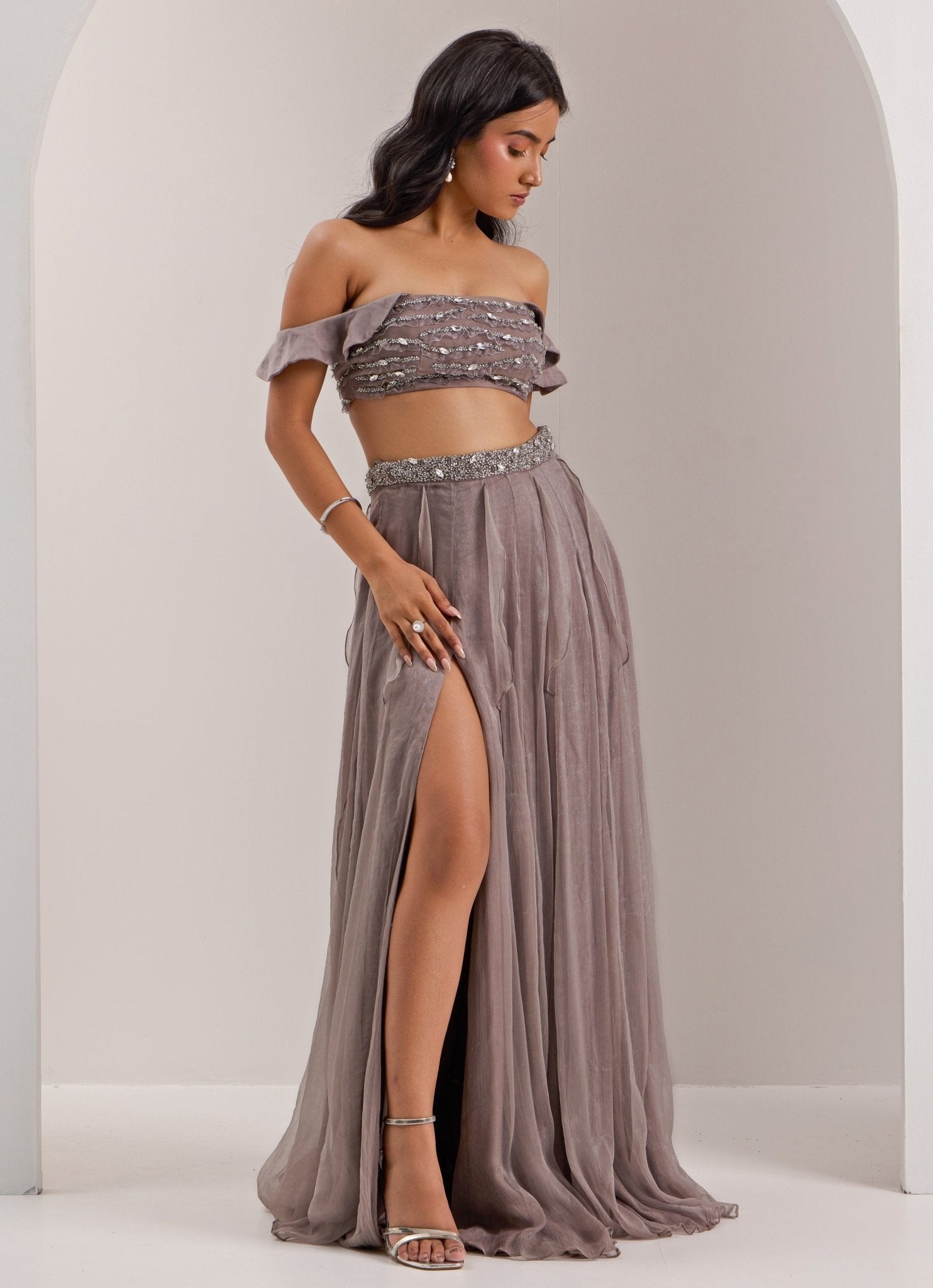 Silky Bindra grey off-shoulder embellished skirt set — indo western outfits for wedding guests