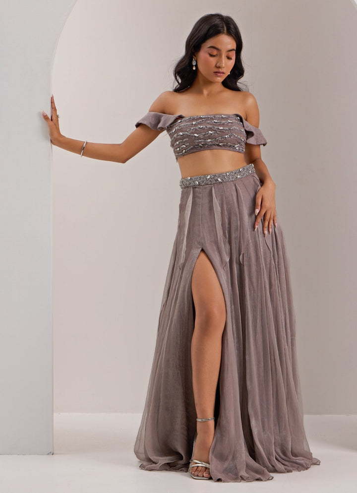 Grey Off - Shoulder Embellished Skirt Set Silky Bindra - Fabilicious Fashion