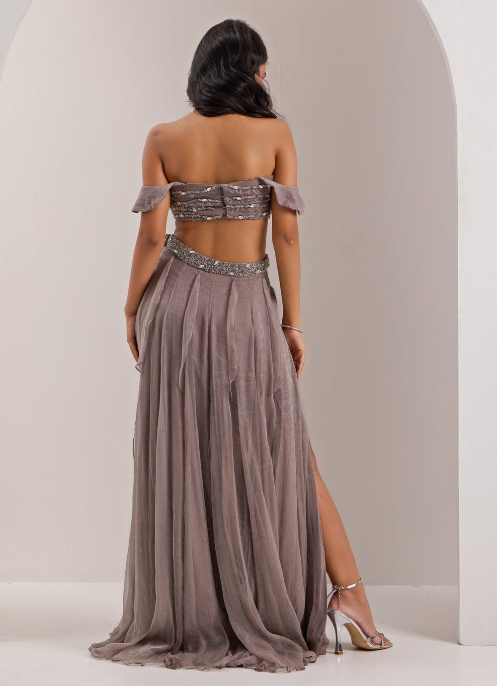 Grey Off - Shoulder Embellished Skirt Set Silky Bindra - Fabilicious Fashion