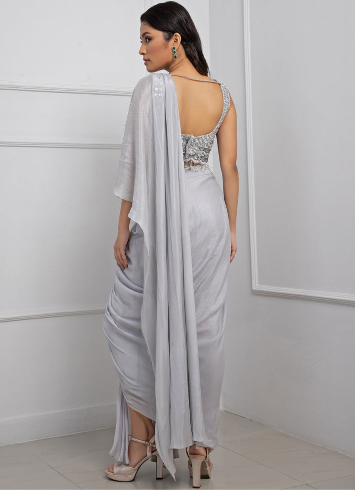 Grey Organza Predraped Saree Set With Mirror Work Blouse Smriti - Fabilicious Fashion