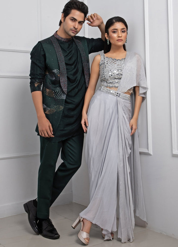 Grey Organza Predraped Saree Set With Mirror Work Blouse Smriti - Fabilicious Fashion