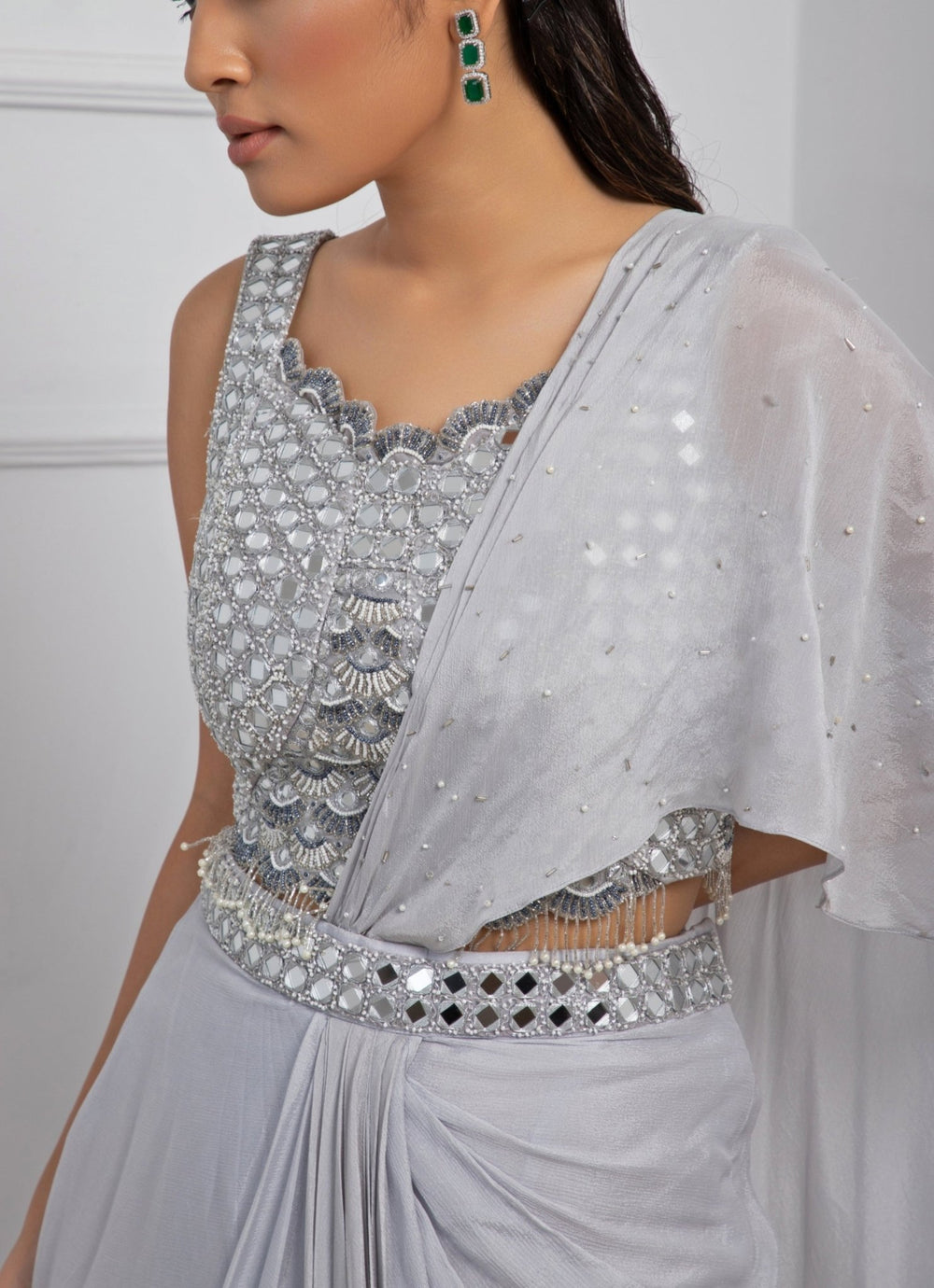 Grey Organza Predraped Saree Set With Mirror Work Blouse Smriti - Fabilicious Fashion
