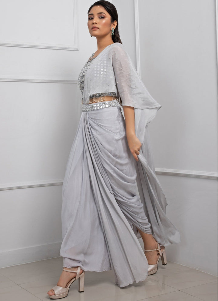 Grey Organza Predraped Saree Set With Mirror Work Blouse Smriti - Fabilicious Fashion