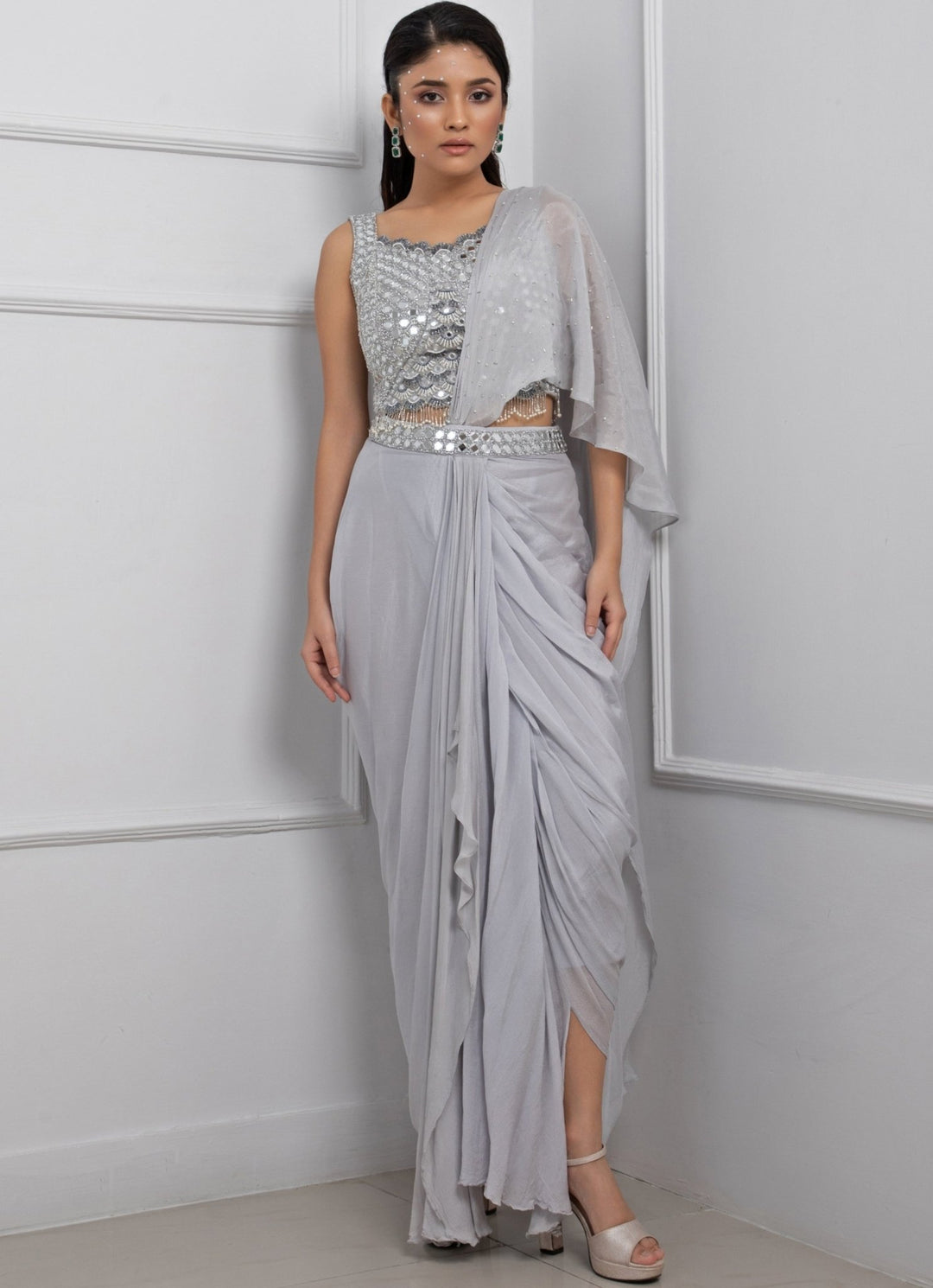 Grey Organza Predraped Saree Set With Mirror Work Blouse Smriti - Fabilicious Fashion