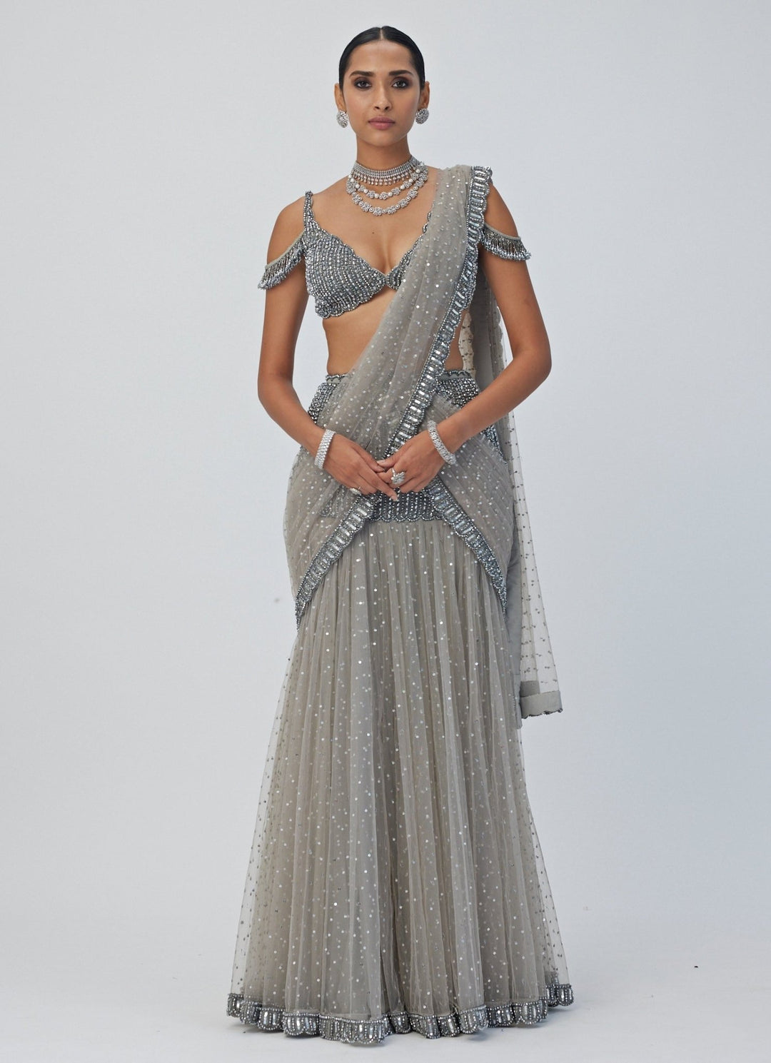 Grey Pre - Draped Crystal And Sequin Embroidered Net Saree Vvani By Vani Vats - Fabilicious Fashion