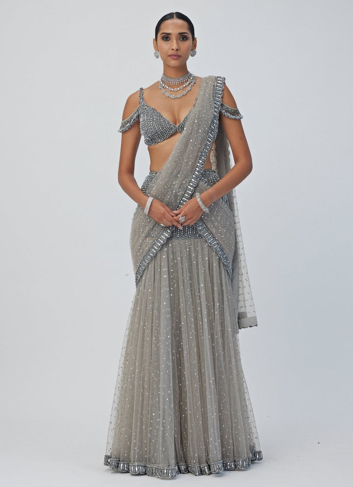 Grey Pre - Draped Crystal And Sequin Embroidered Net Saree Vvani By Vani Vats - Fabilicious Fashion