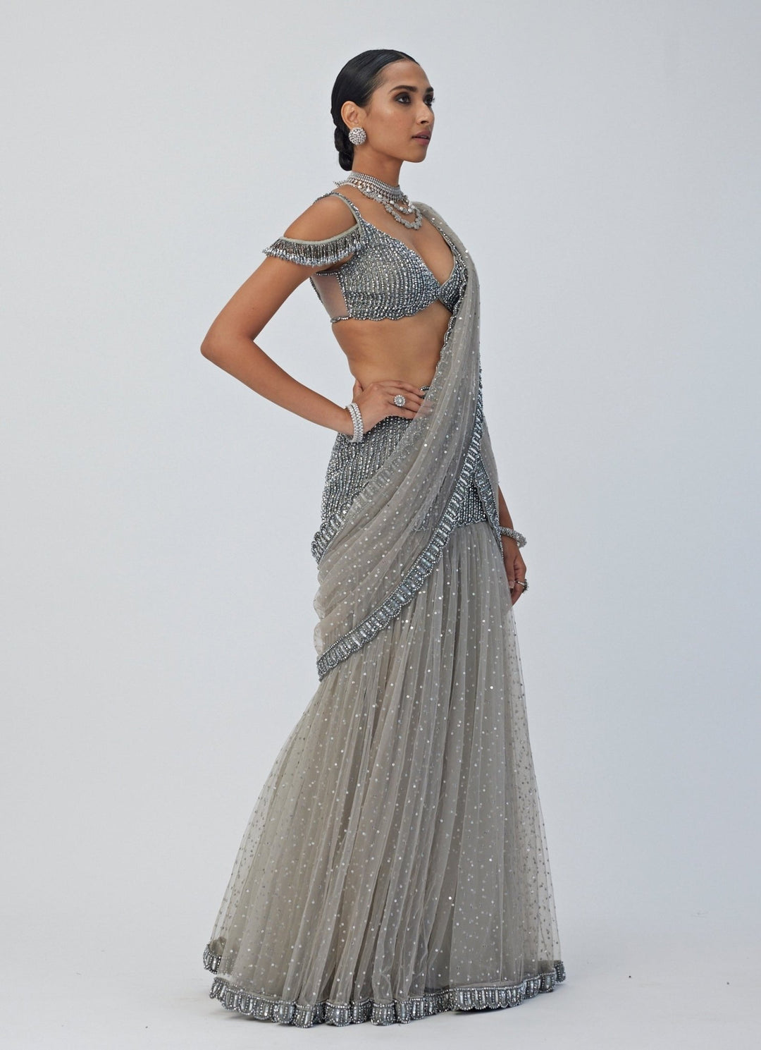 Grey Pre - Draped Crystal And Sequin Embroidered Net Saree Vvani By Vani Vats - Fabilicious Fashion