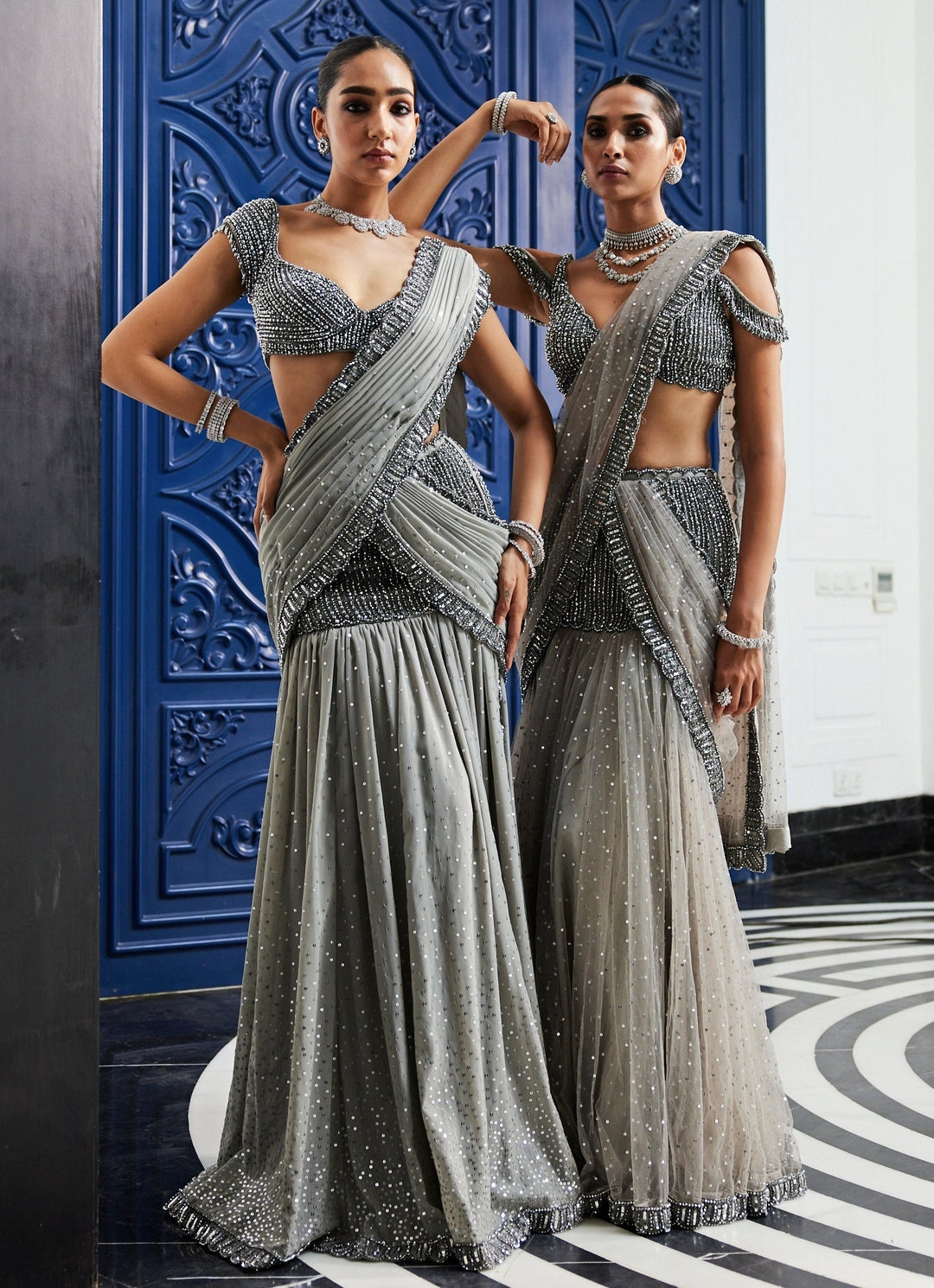 Grey Pre - Draped Crystal And Sequin Embroidered Net Saree Vvani By Vani Vats - Fabilicious Fashion