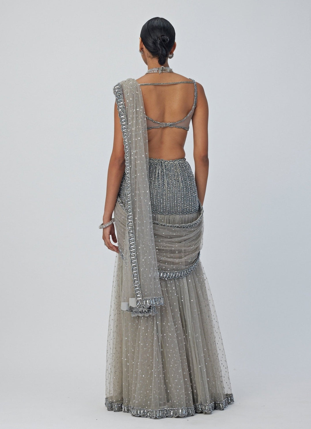 Grey Pre - Draped Crystal And Sequin Embroidered Net Saree Vvani By Vani Vats - Fabilicious Fashion