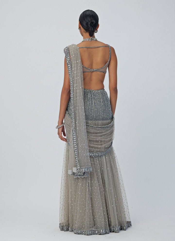 Grey Pre - Draped Crystal And Sequin Embroidered Net Saree Vvani By Vani Vats - Fabilicious Fashion