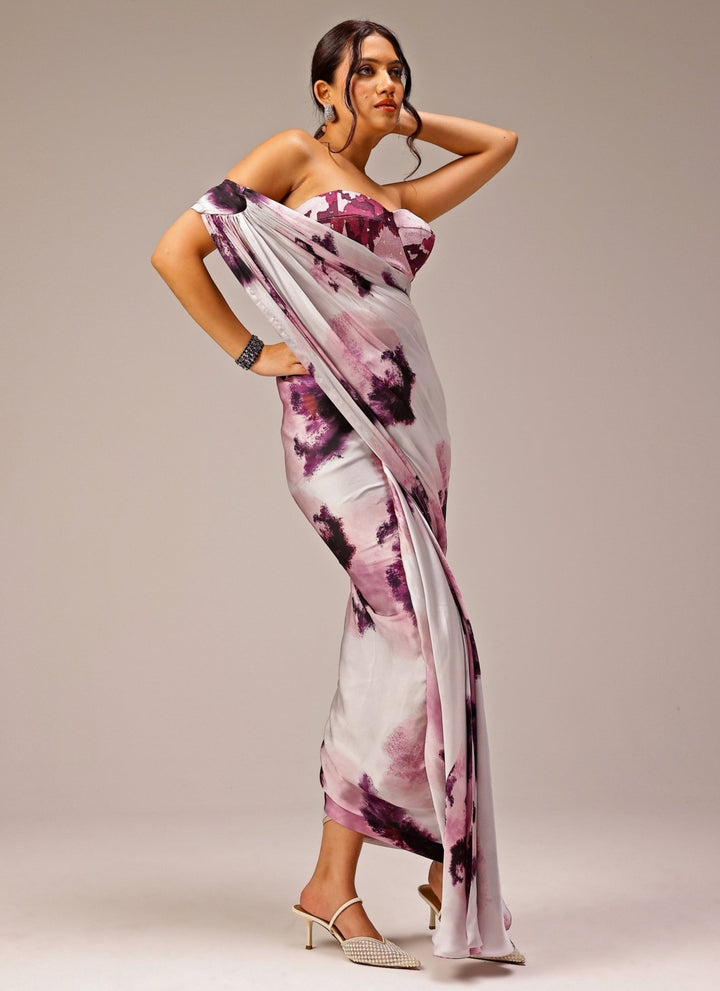Studio Surbhi Grey Printed Georgette Satin Saree GownFabilicious Fashion