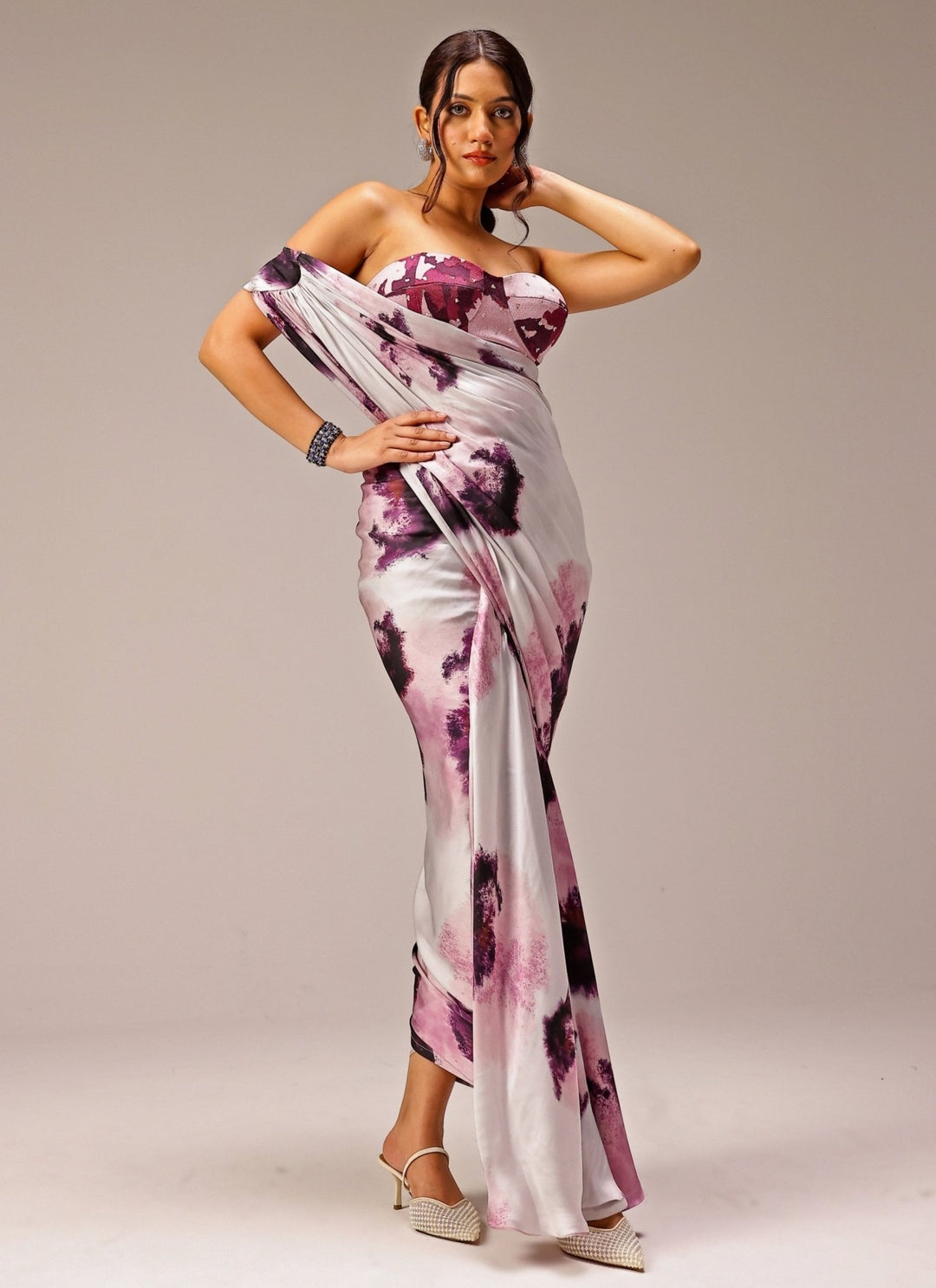 Studio Surbhi Grey Printed Georgette Satin Saree GownFabilicious Fashion
