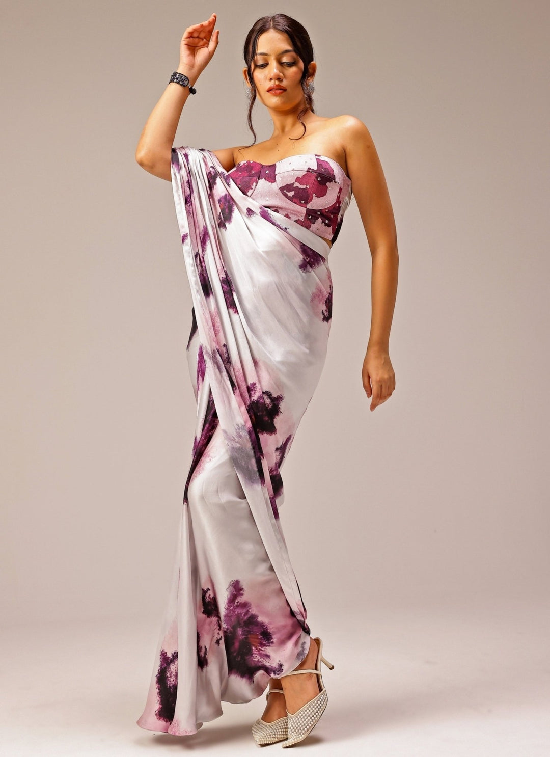 Studio Surbhi Grey Printed Georgette Satin Saree GownFabilicious Fashion