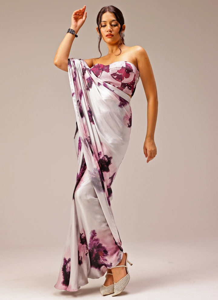 Studio Surbhi Grey Printed Georgette Satin Saree GownFabilicious Fashion