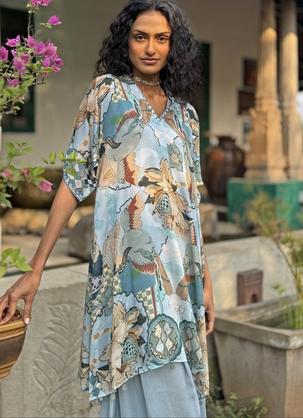 Grey Printed Kurta Cowl Pant Set Basil Leaf - Fabilicious Fashion