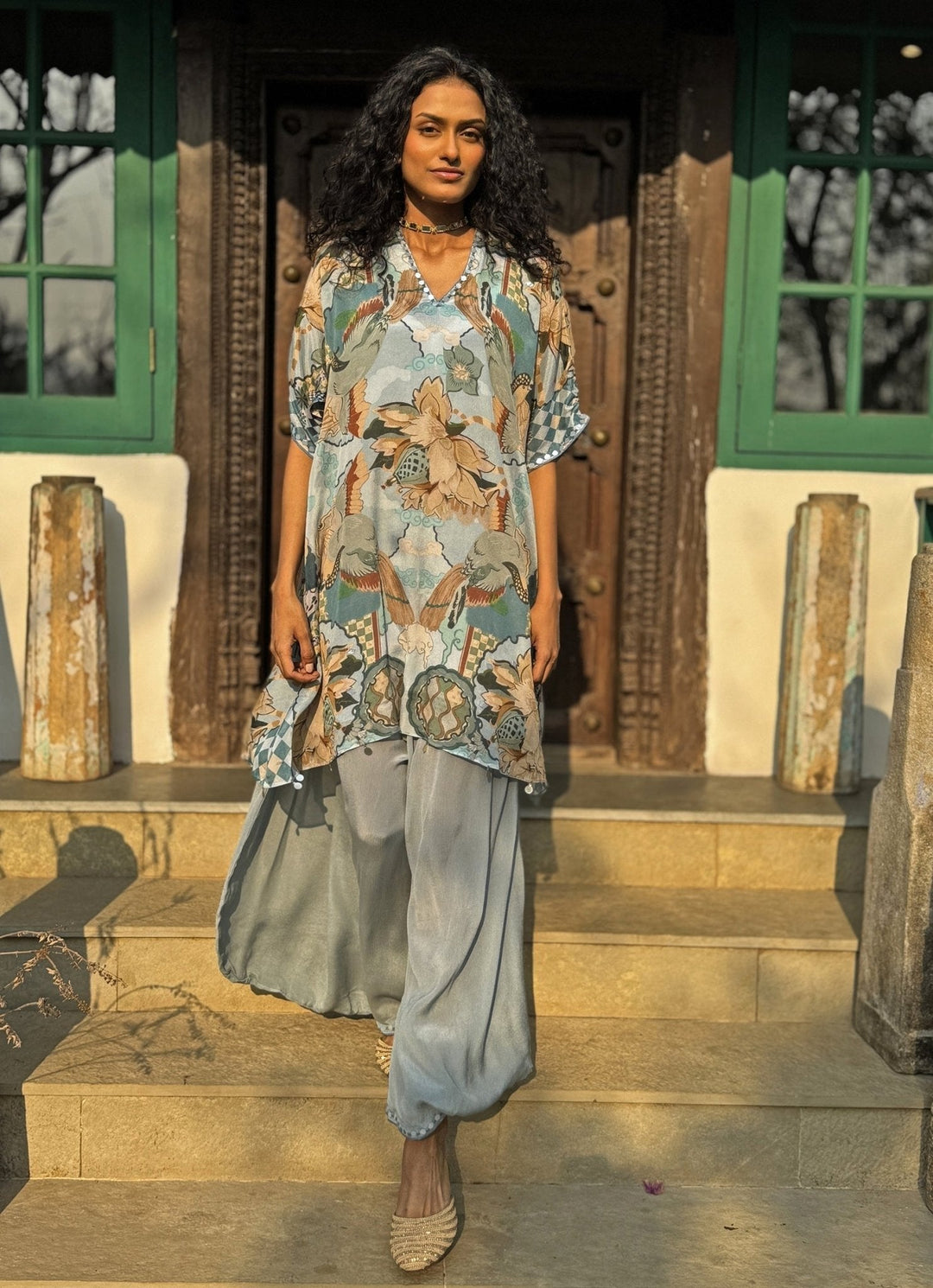 Grey Printed Kurta Cowl Pant Set Basil Leaf - Fabilicious Fashion