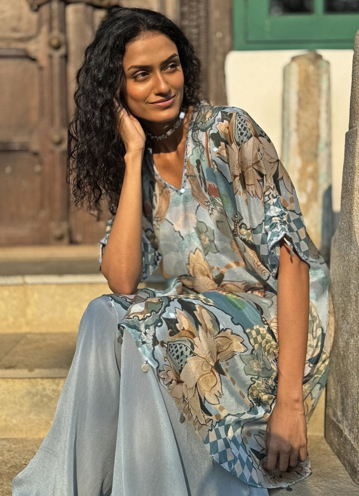 Grey Printed Kurta Cowl Pant Set Basil Leaf - Fabilicious Fashion