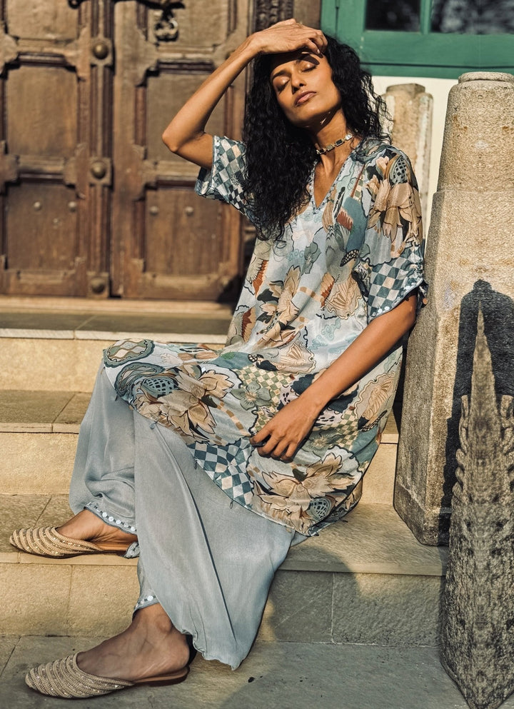 Grey Printed Kurta Cowl Pant Set Basil Leaf - Fabilicious Fashion
