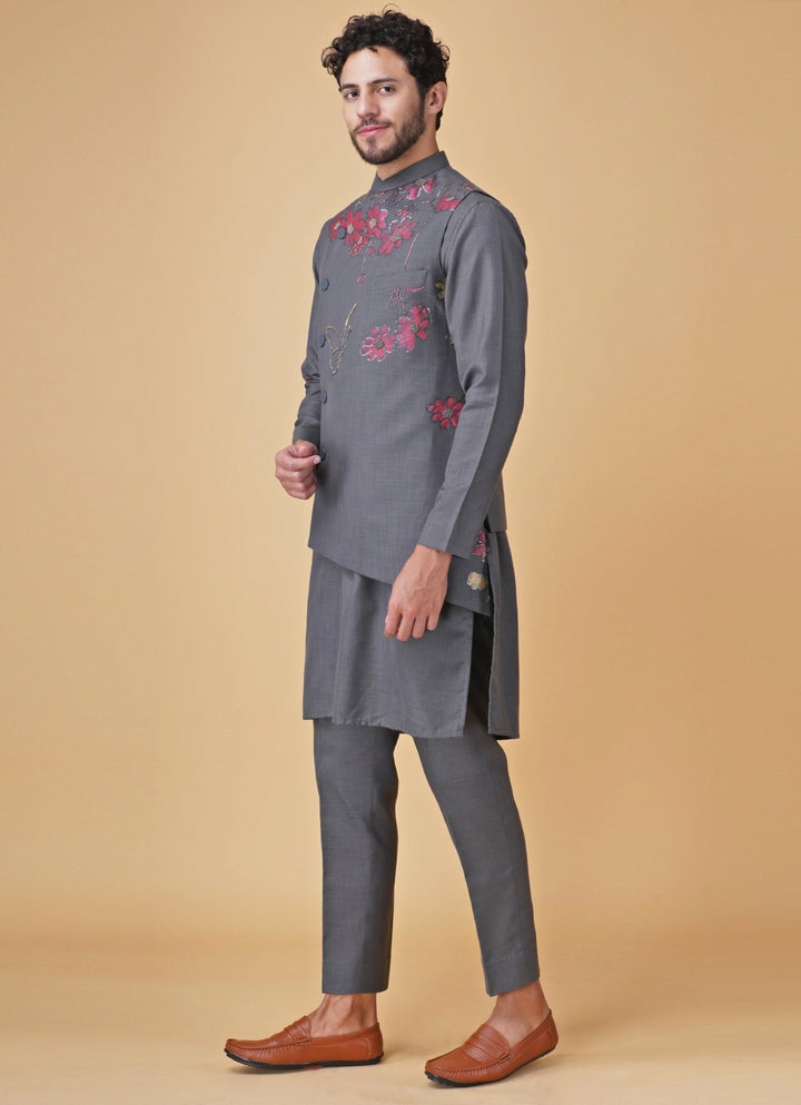 Grey Printed Silk Kurta Jacket Set Manish Nagdeo Men - Fabilicious Fashion