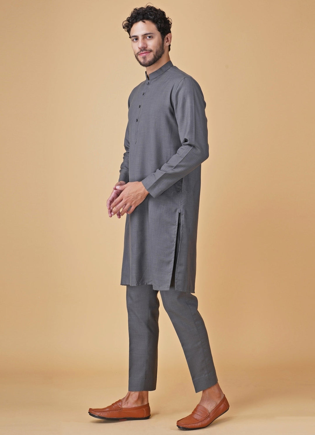 Grey Printed Silk Kurta Jacket Set Manish Nagdeo Men - Fabilicious Fashion