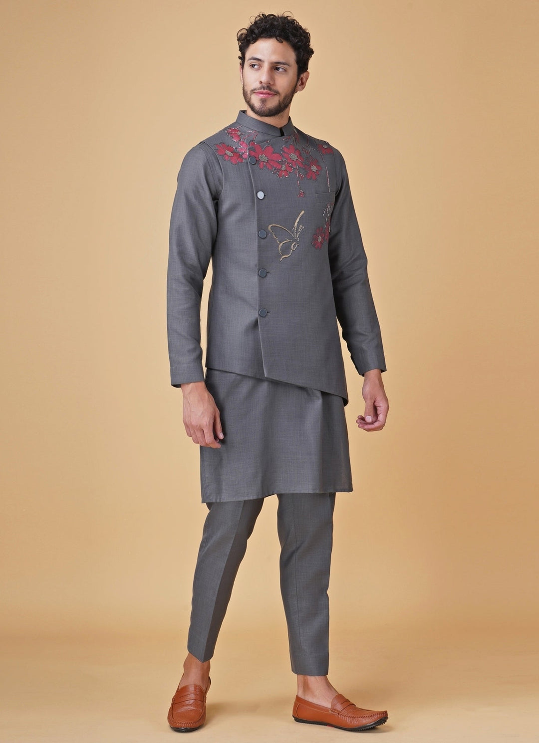 Grey Printed Silk Kurta Jacket Set Manish Nagdeo Men - Fabilicious Fashion