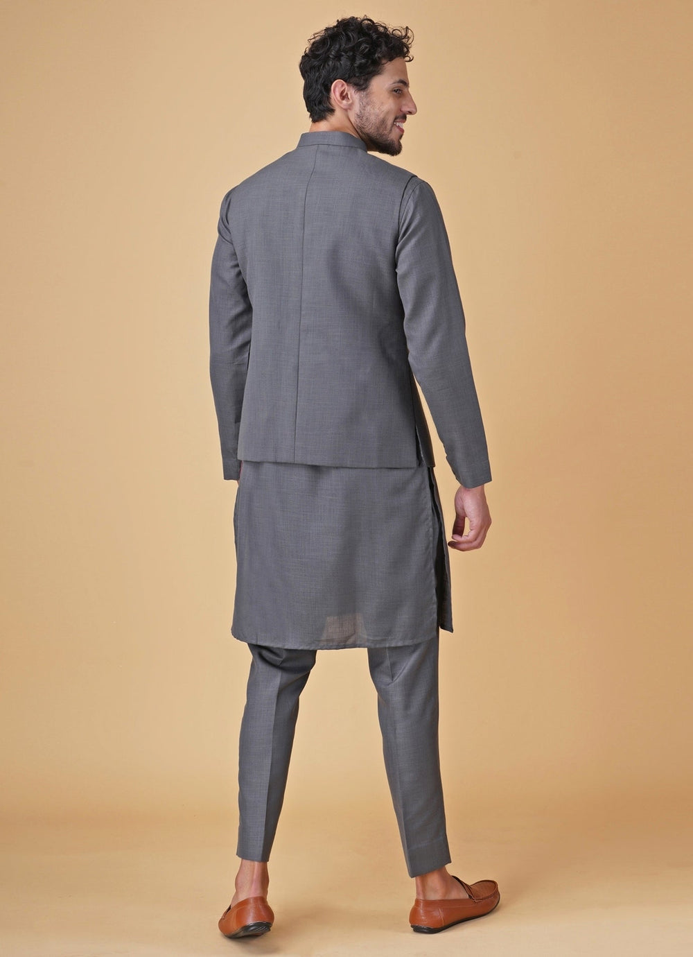 Grey Printed Silk Kurta Jacket Set Manish Nagdeo Men - Fabilicious Fashion