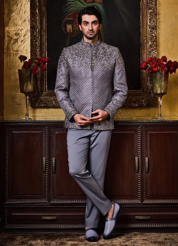 Grey Raw Silk Jodhpuri Set Nitika Gujral - Men - Fabilicious Fashion