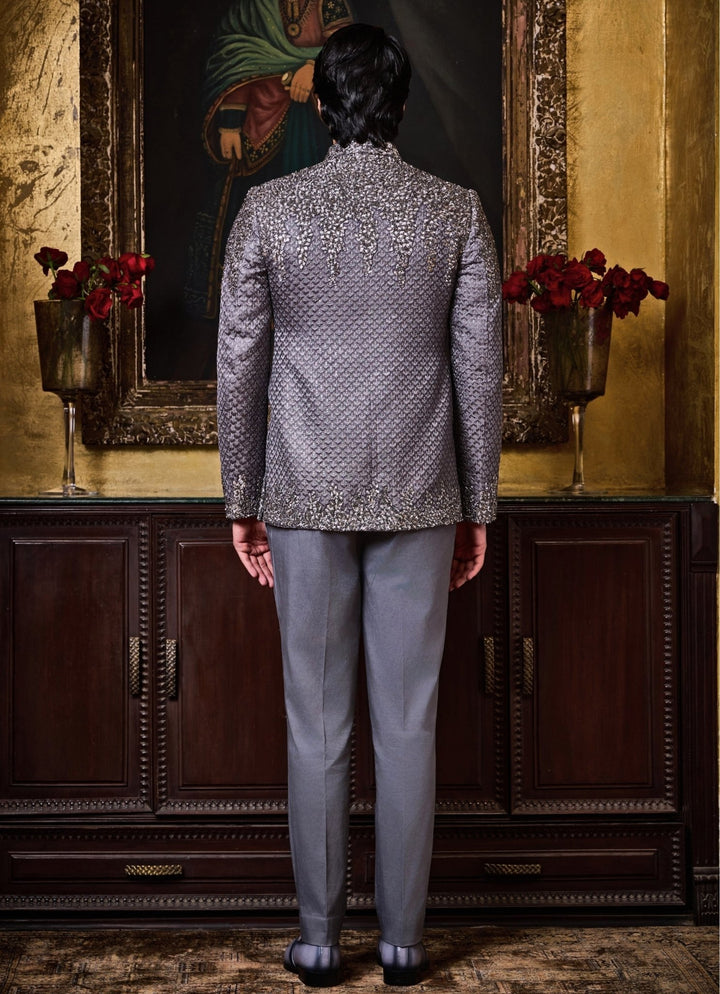 Grey Raw Silk Jodhpuri Set Nitika Gujral - Men - Fabilicious Fashion