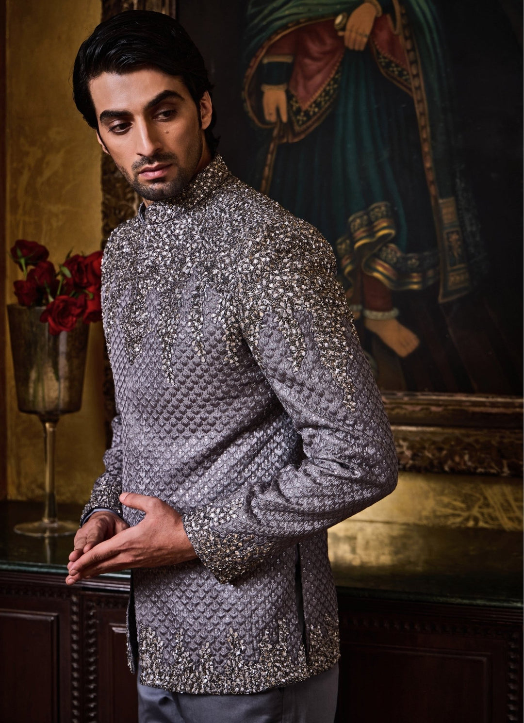 Grey Raw Silk Jodhpuri Set Nitika Gujral - Men - Fabilicious Fashion