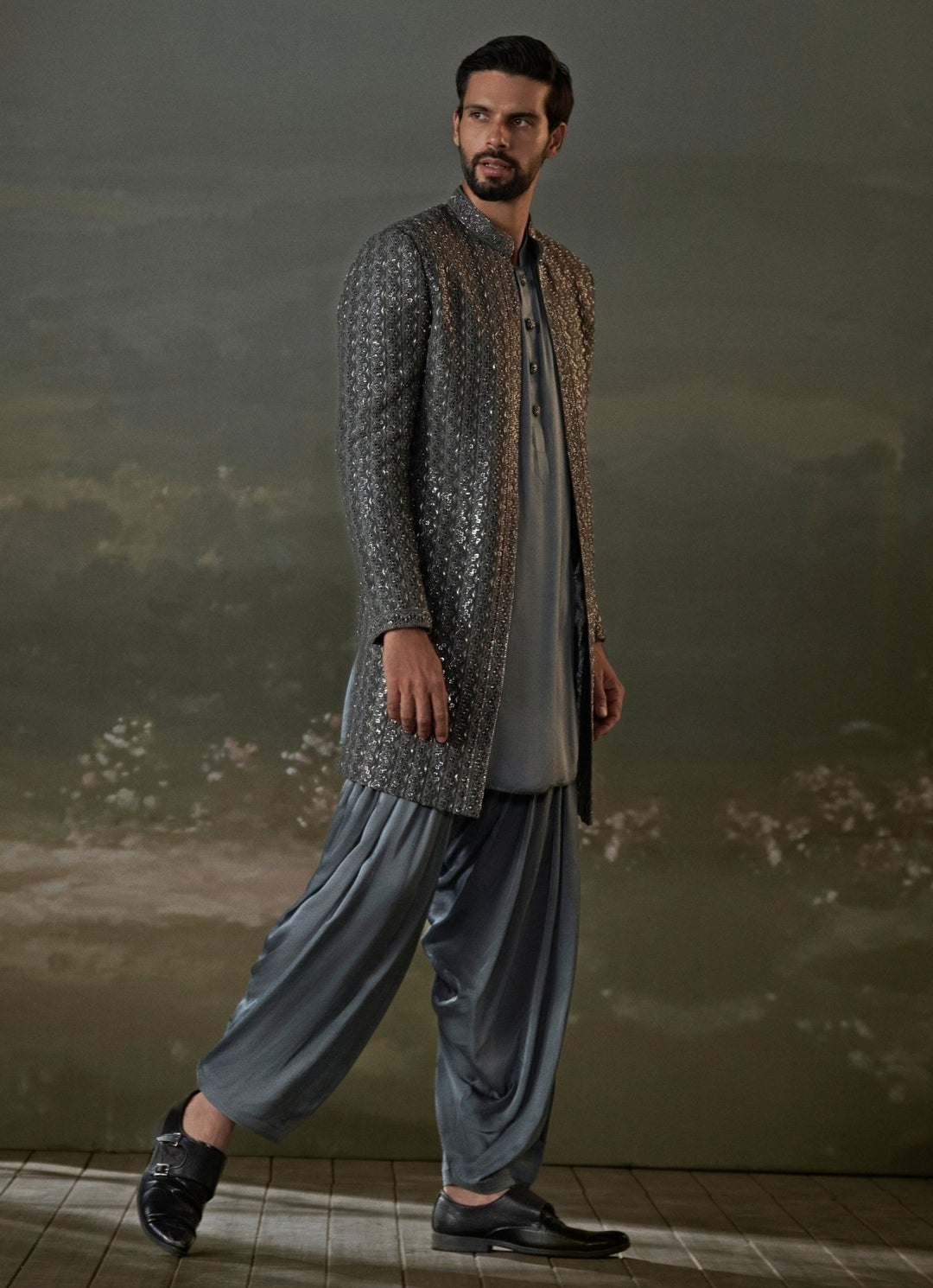 Grey Raw Silk Long Jacket Kurta Set Nitika Gujral - Men - Fabilicious Fashion