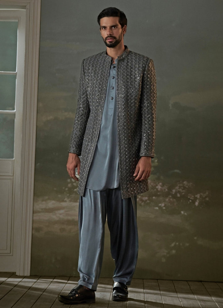 Grey Raw Silk Long Jacket Kurta Set Nitika Gujral - Men - Fabilicious Fashion