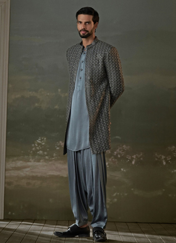 Grey Raw Silk Long Jacket Kurta Set Nitika Gujral - Men - Fabilicious Fashion