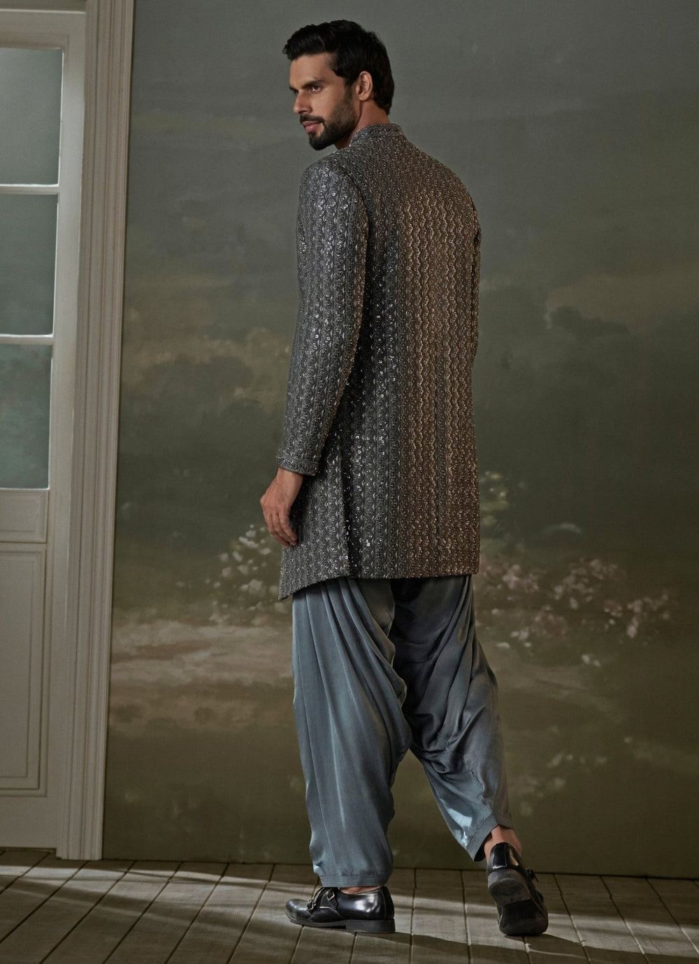 Grey Raw Silk Long Jacket Kurta Set Nitika Gujral - Men - Fabilicious Fashion