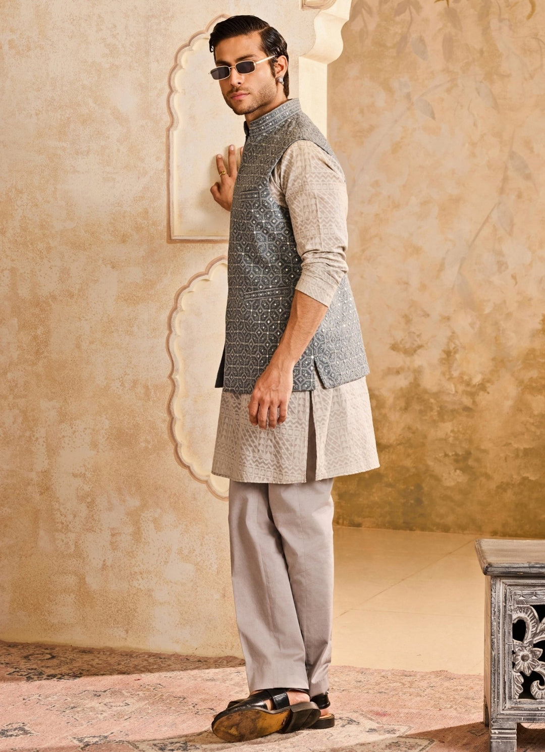Grey Raw Silk Mirror Nehru Jacket Set Nitika Gujral - Men - Fabilicious Fashion