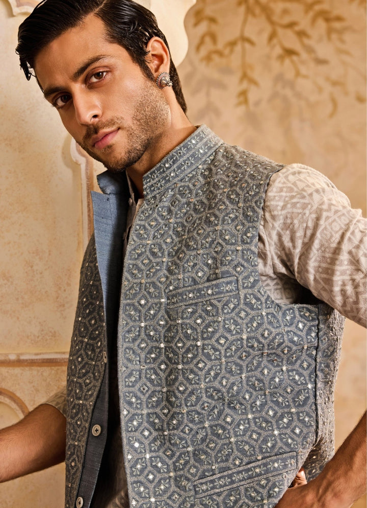 Grey Raw Silk Mirror Nehru Jacket Set Nitika Gujral - Men - Fabilicious Fashion