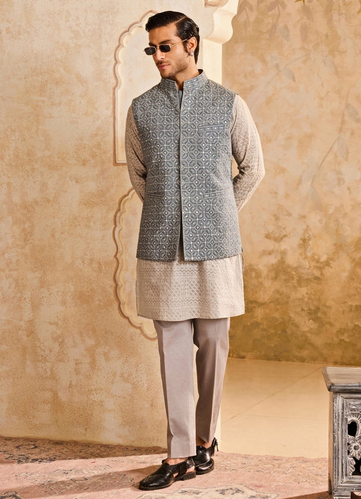 Grey Raw Silk Mirror Nehru Jacket Set Nitika Gujral - Men - Fabilicious Fashion