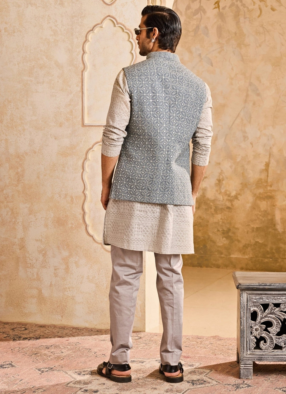 Grey Raw Silk Mirror Nehru Jacket Set Nitika Gujral - Men - Fabilicious Fashion
