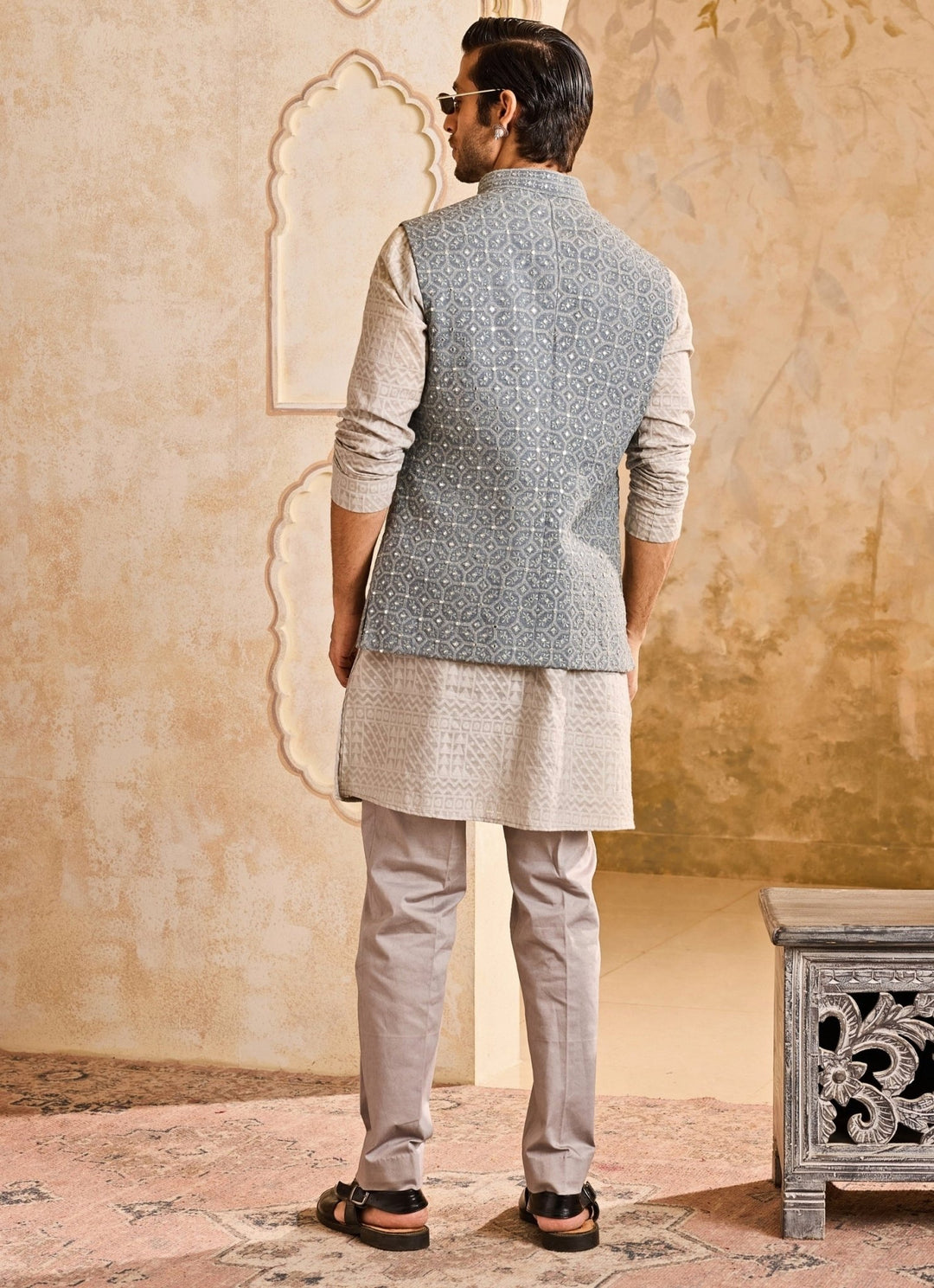 Grey Raw Silk Mirror Nehru Jacket Set Nitika Gujral - Men - Fabilicious Fashion