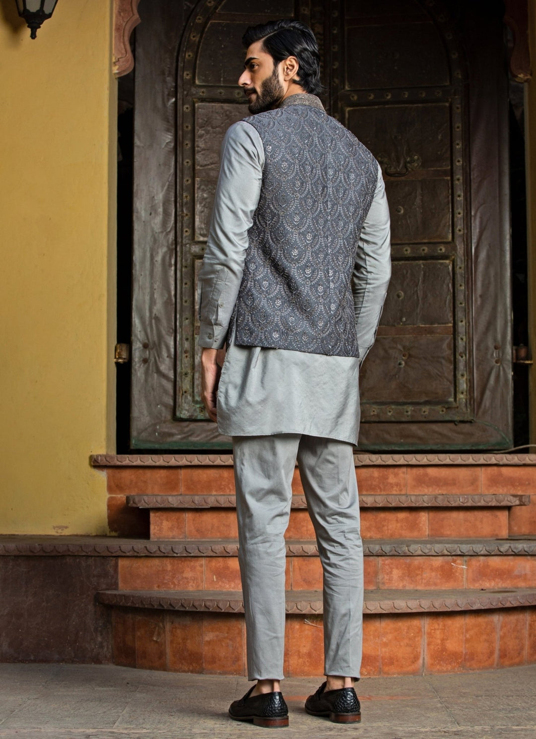 Grey Raw Silk Nehru Jacket Set Nitika Gujral - Men - Fabilicious Fashion