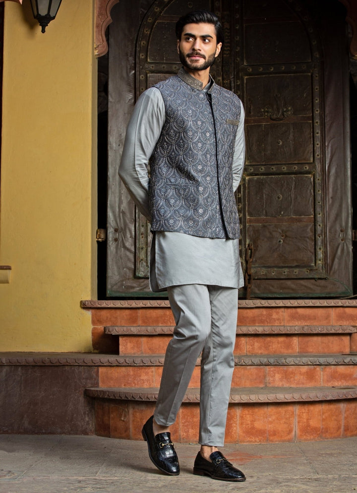 Grey Raw Silk Nehru Jacket Set Nitika Gujral - Men - Fabilicious Fashion