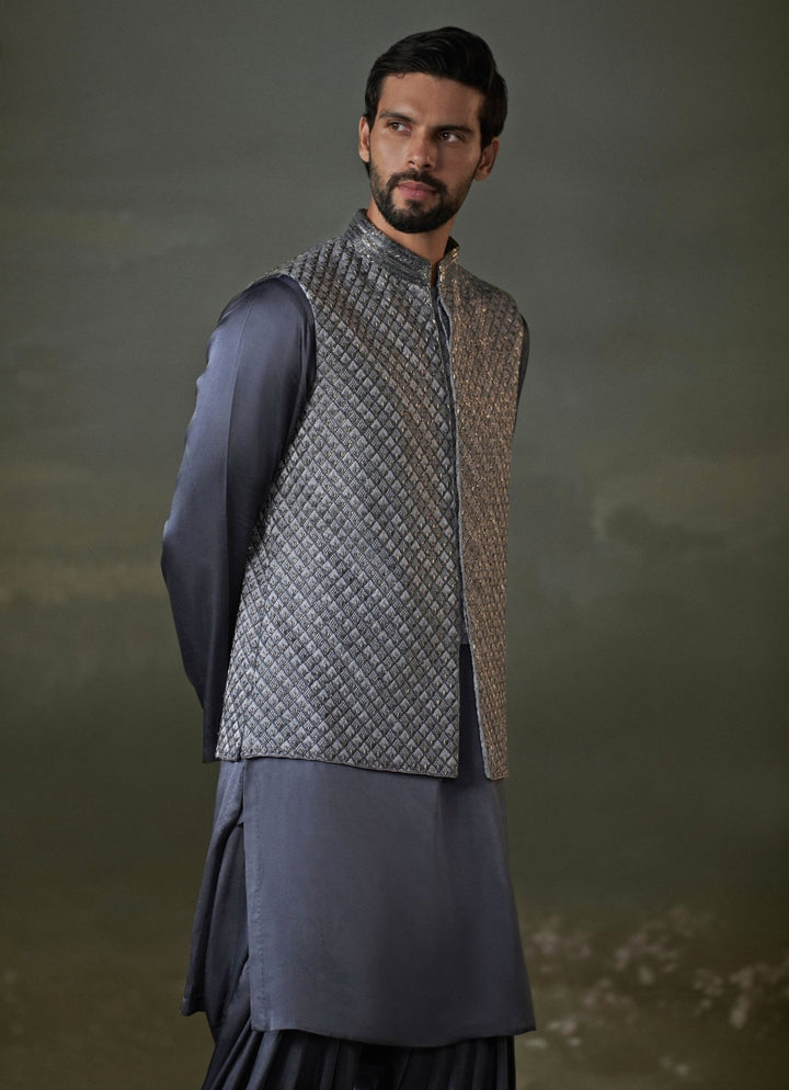 Grey Raw Silk Nehru Jacket Set Nitika Gujral - Men - Fabilicious Fashion