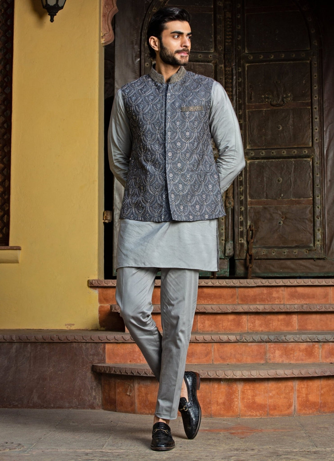 Grey Raw Silk Nehru Jacket Set Nitika Gujral - Men - Fabilicious Fashion