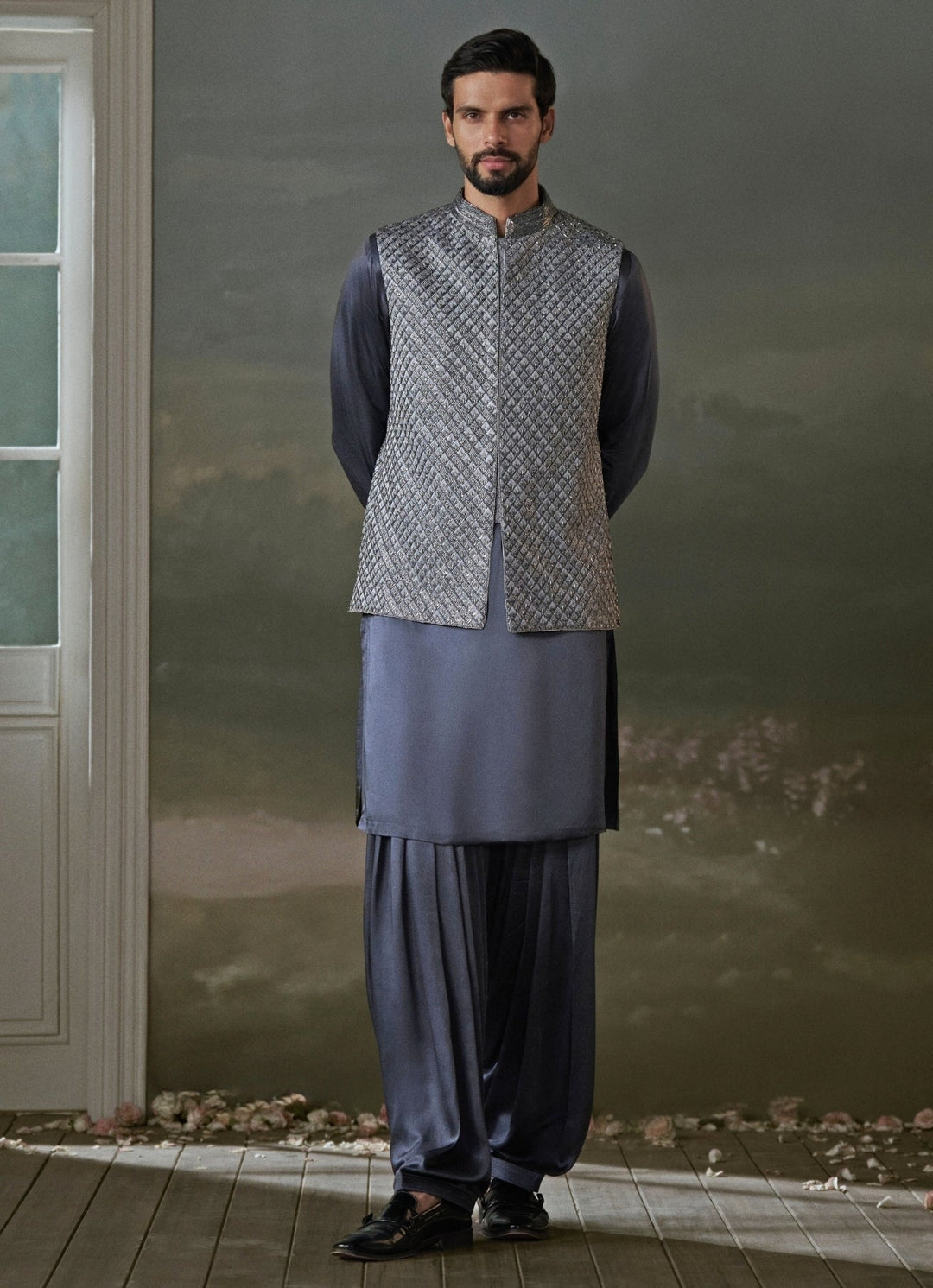 Grey Raw Silk Nehru Jacket Set Nitika Gujral - Men - Fabilicious Fashion
