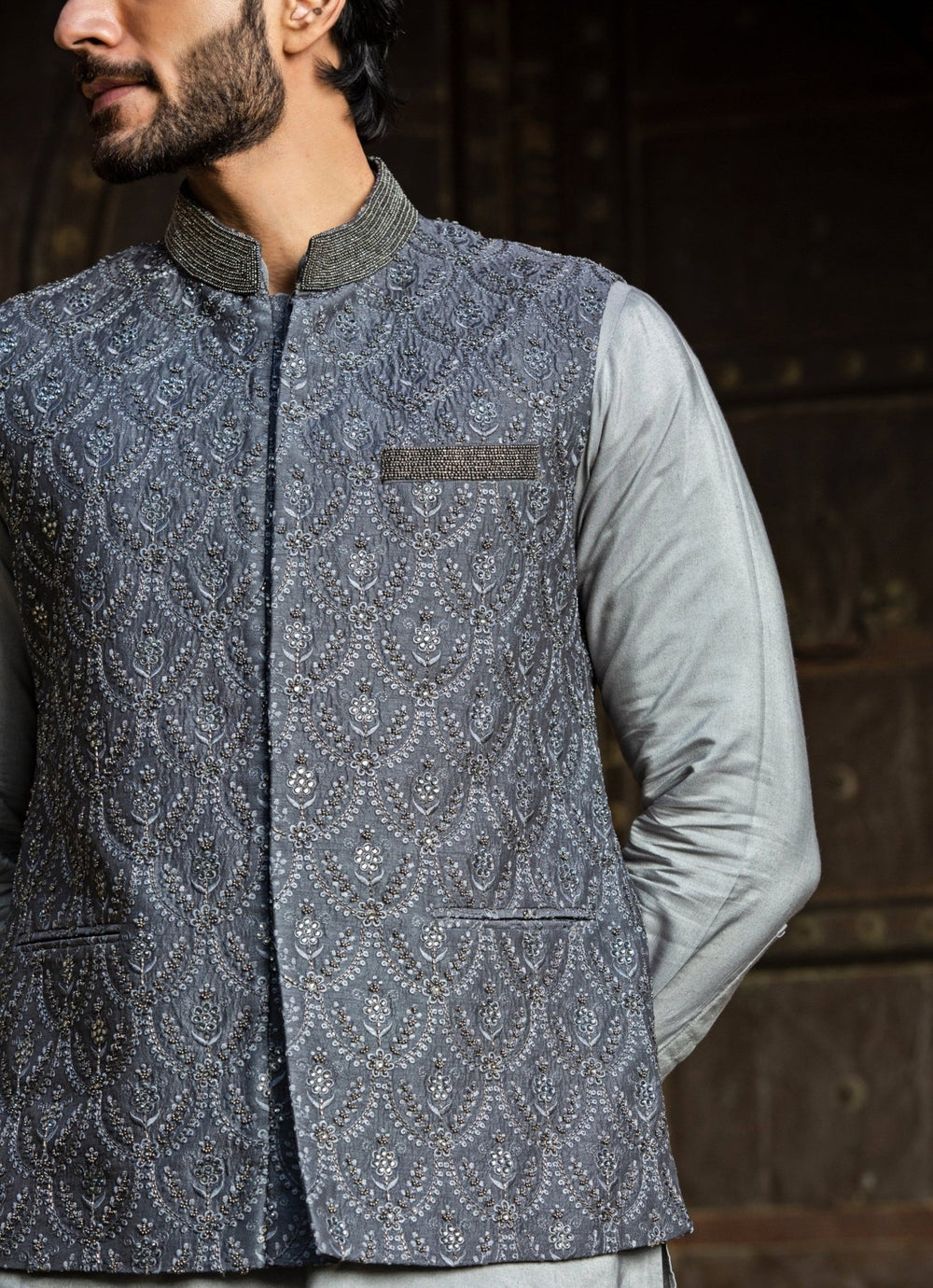 Grey Raw Silk Nehru Jacket Set Nitika Gujral - Men - Fabilicious Fashion