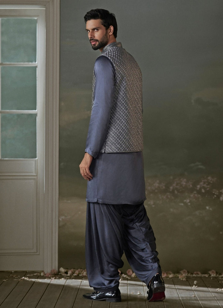 Grey Raw Silk Nehru Jacket Set Nitika Gujral - Men - Fabilicious Fashion