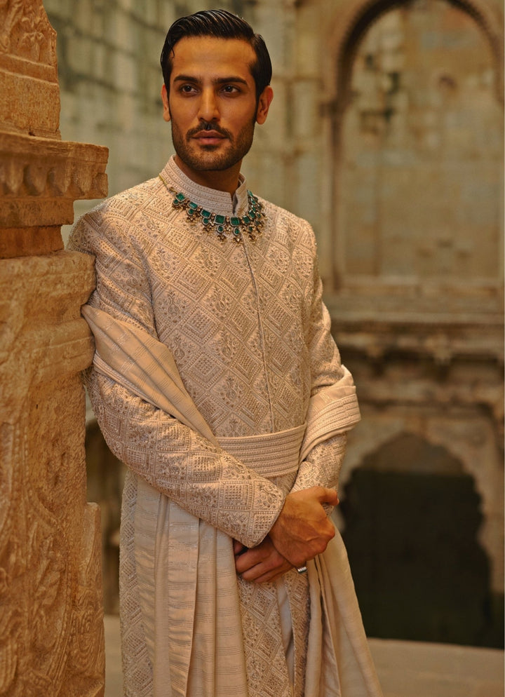 Grey Raw Silk Sherwani Set Nitika Gujral - Men - Fabilicious Fashion