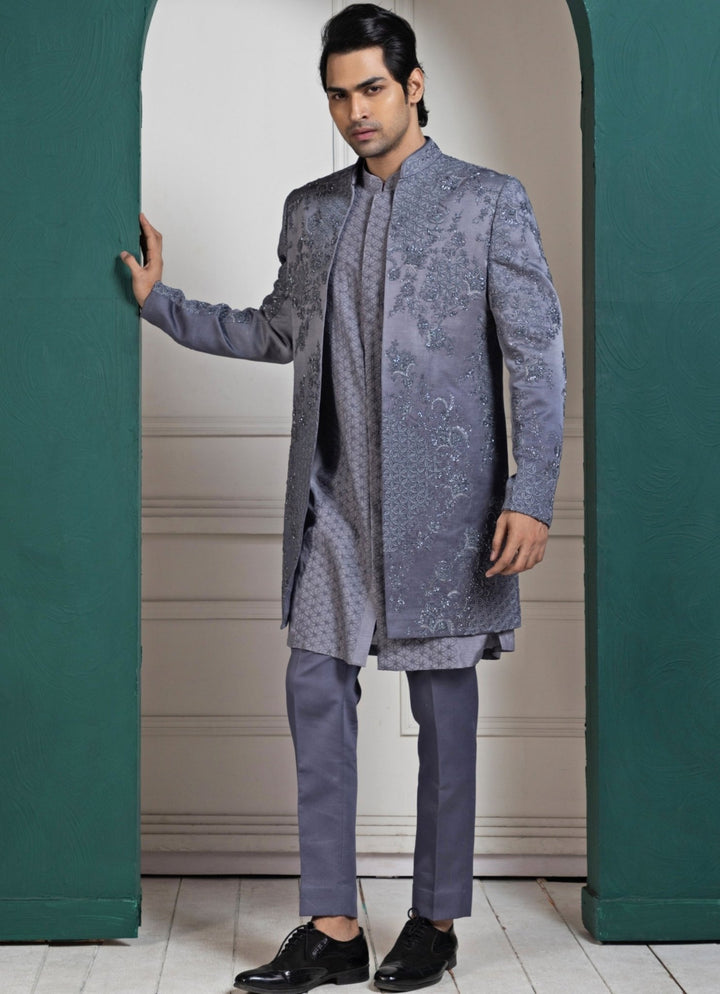 Grey Satin Embroidered Sherwani and Kurta Pant Set Smriti - Fabilicious Fashion