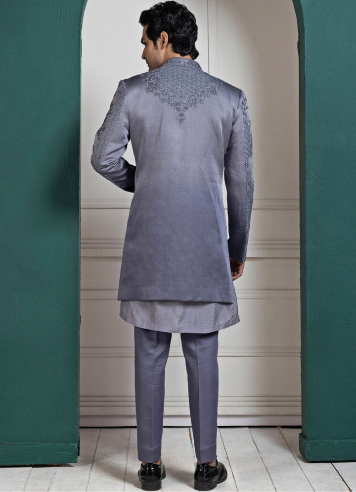 Grey Satin Embroidered Sherwani and Kurta Pant Set Smriti - Fabilicious Fashion